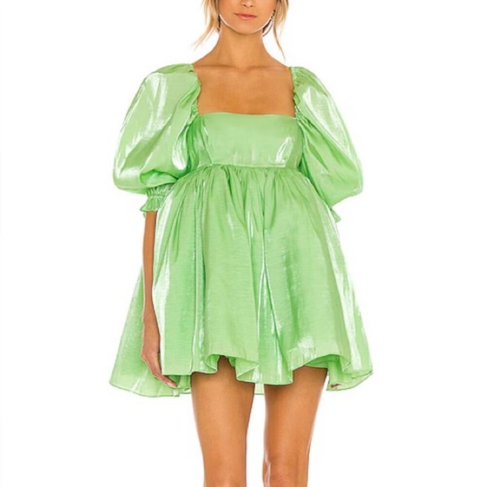 Selkie size medium Chic avocado Lime green Puff Sleeve Mini Dress cocktail party - Picture 1 of 11